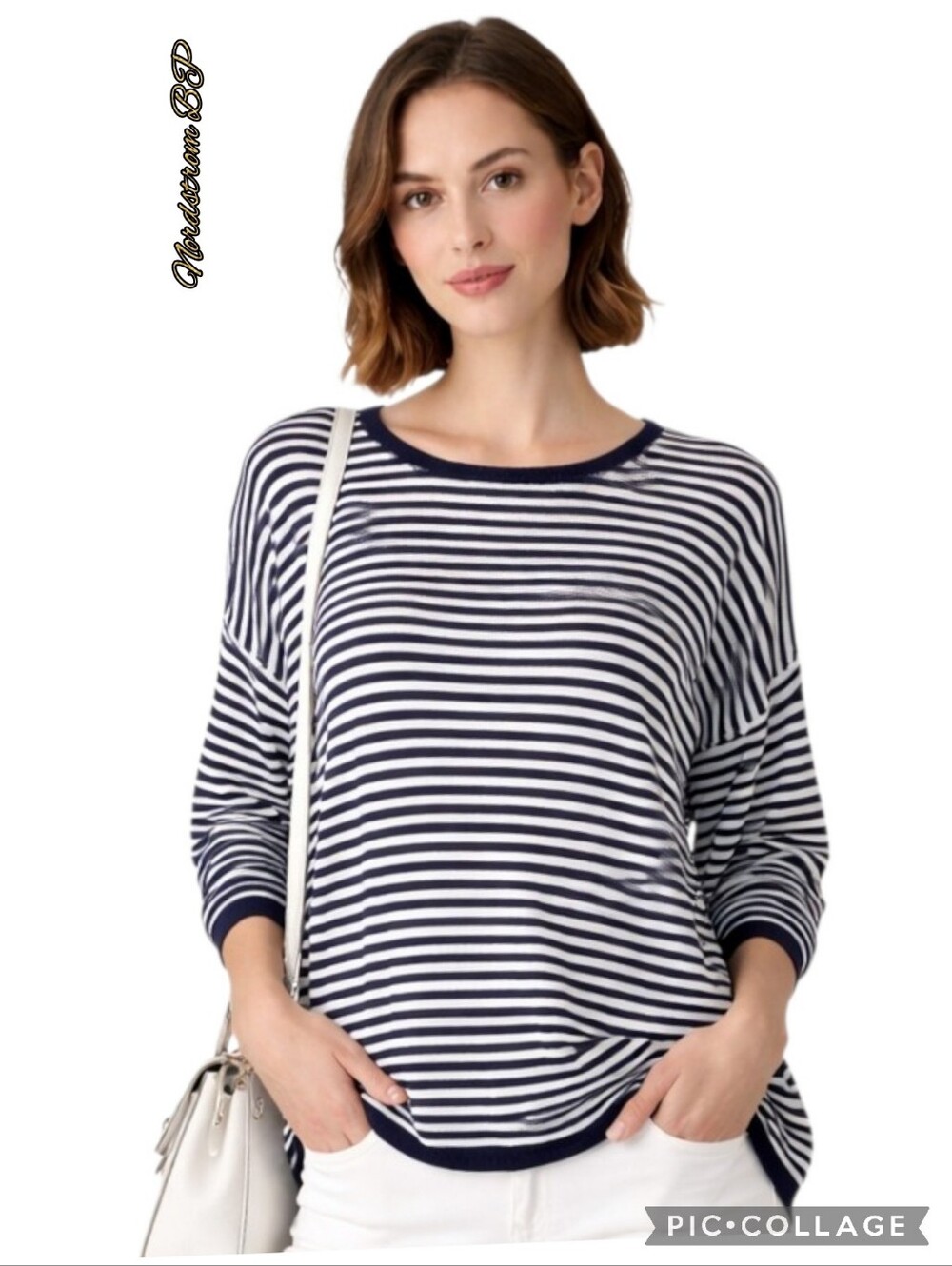 Nordstrom BP sweater knit blue & white stripe side slits lng slv size med